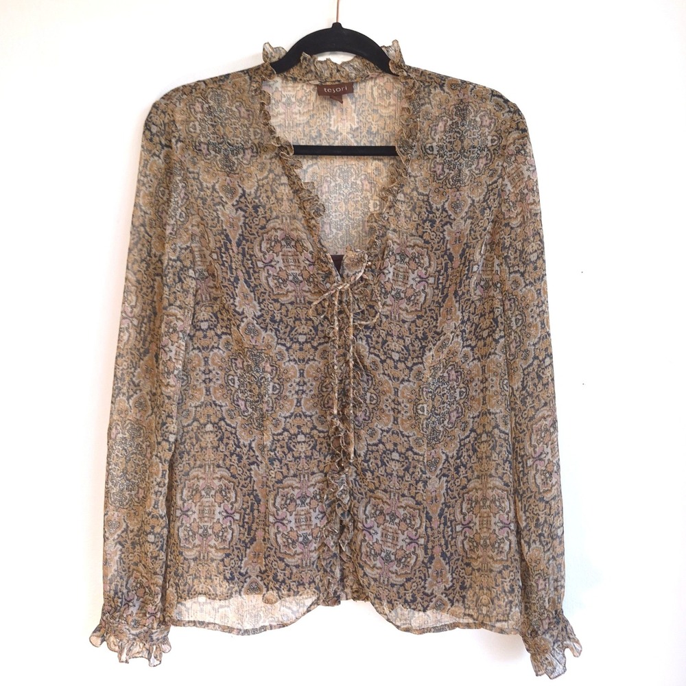 Tesori Blouse Paisley Sheer Ruffle Brown Size M Boho Victorian Romantic Workwear
